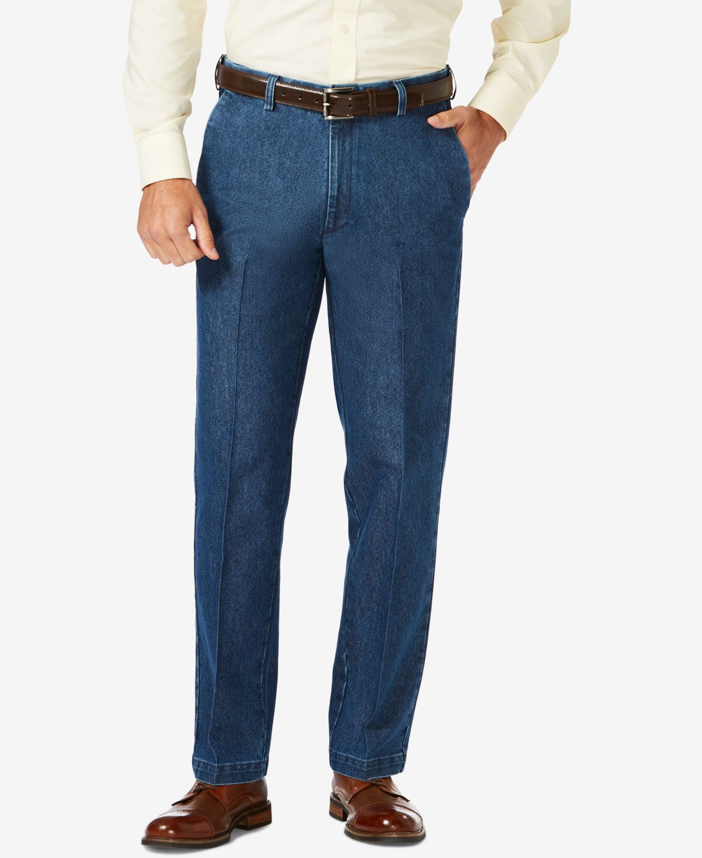 Мужские брюки Haggar Stretch Denim Classic-Fit Flat Front, цвет: Стоунвош — фото 1