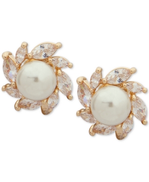 image of Anne Klein Gold-Tone Crystal & Imitation Pearl E-z Comfort Clip-On Halo Stud Earrings