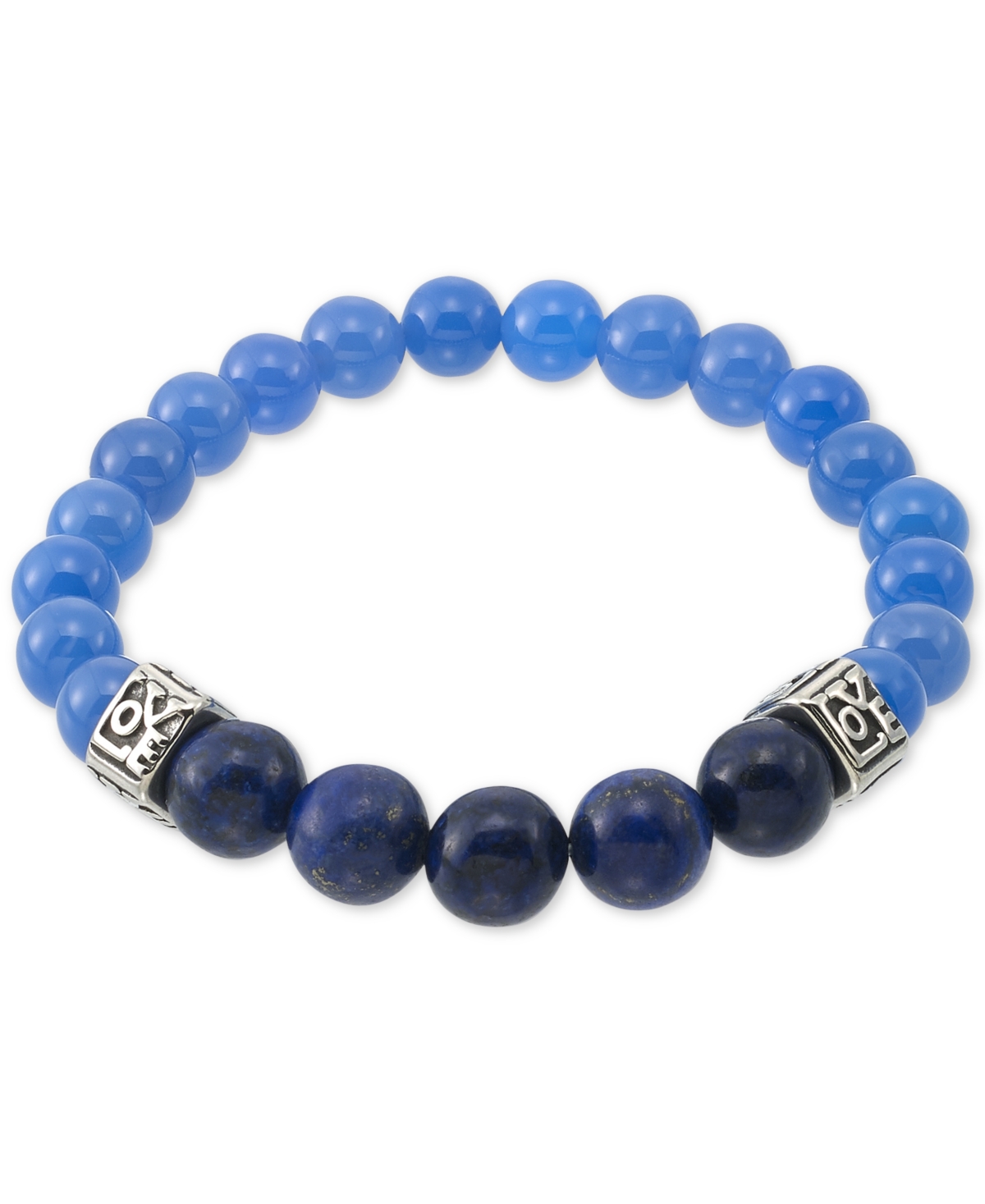 Smith Dyed Black Lapis Lazuli (10mm) & Blue Agate (8mm) Men's Stretch Bracelet in Stainless Steel - Stainless Steel