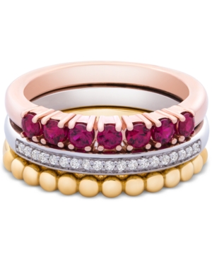 image of 3-Pc. Set Lab-Created Ruby (5/8 ct. t.w.) & White Sapphire (1/10 ct. t.w.) Stack Rings in Sterling Silver, Gold-Plate & Rose Gold-Plate