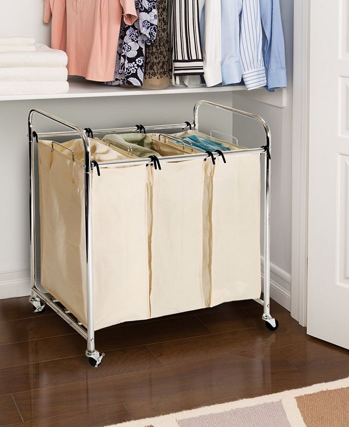 Seville Classics Mobile 3Bag HeavyDuty Laundry Hamper Sorter Cart