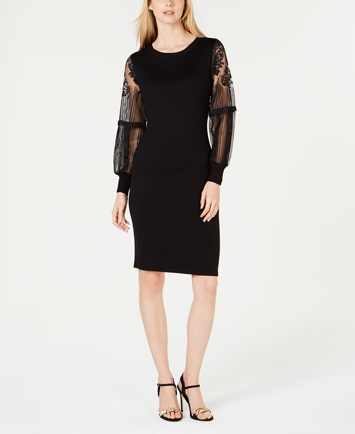 NY Collection Petite Lace-Sleeve Sweater Dress - Macy's