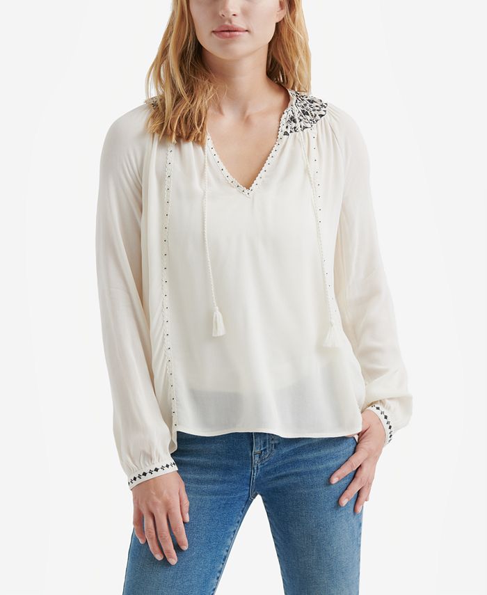 Lucky Brand Embroidered Peasant Top & Reviews - Tops - Women - Macy's