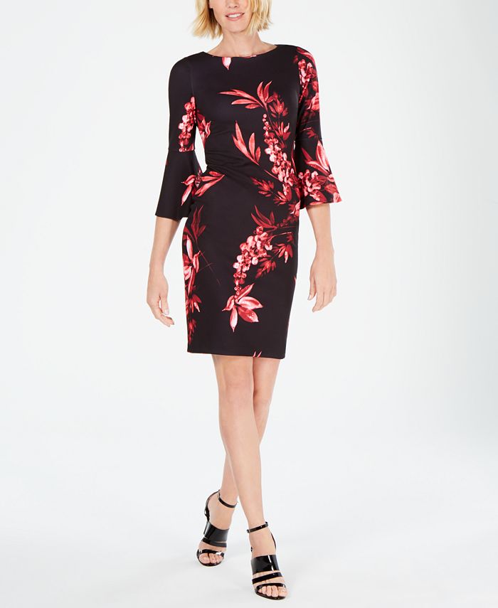 Calvin Klein Floral Bell-Sleeve Sheath Dress - Macy's