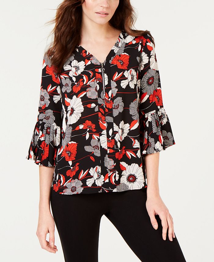 NY Collection Petite Printed Bell-Sleeve Zip-Front Top - Macy's