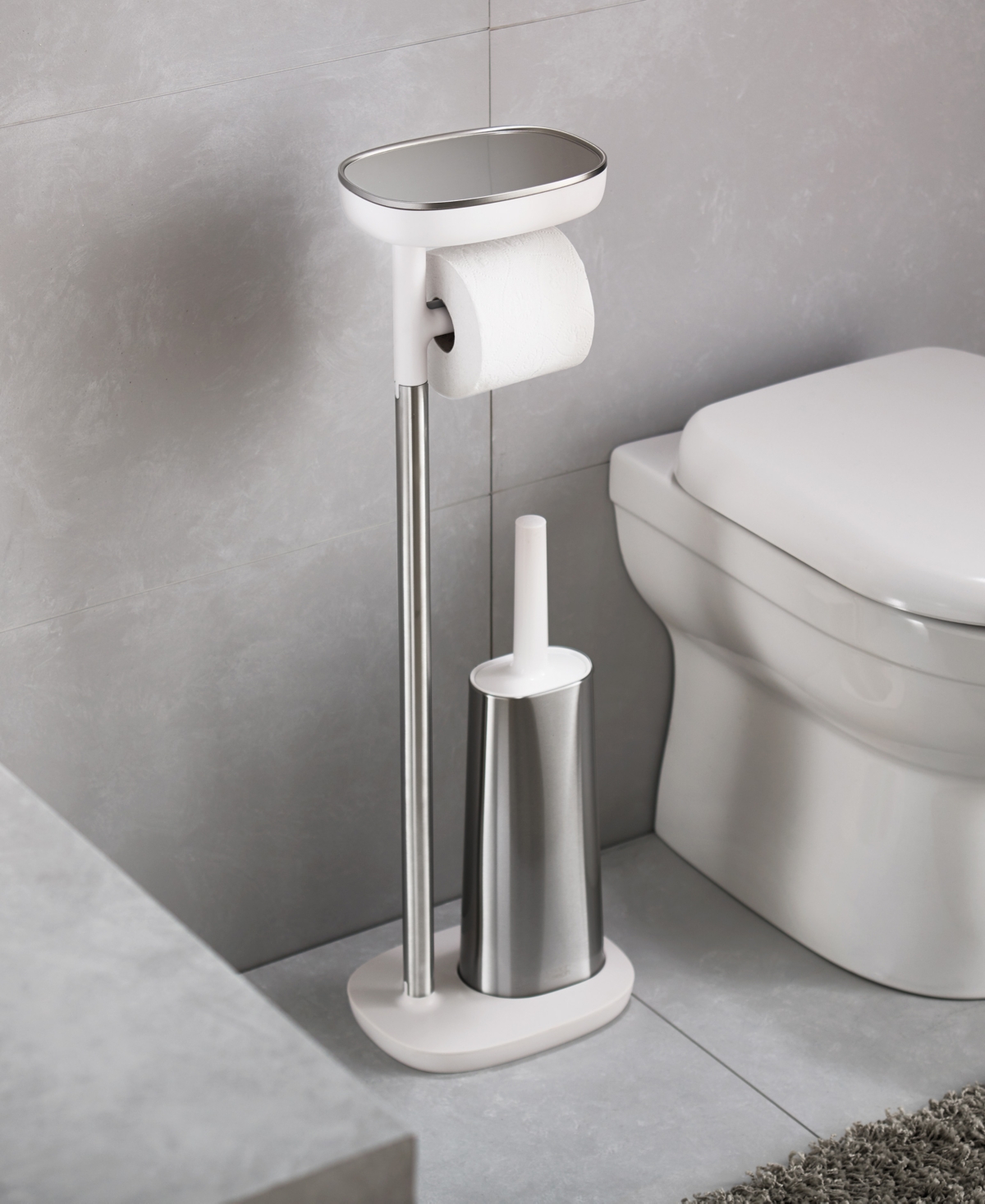 EasyStore Standing Toilet Paper Holder and Flex Steel Toilet Brush - Silver
