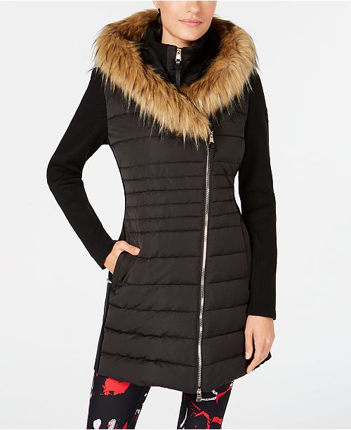 Calvin Klein Sweater Sleeve Faux Fur Hooded Walker Jacket