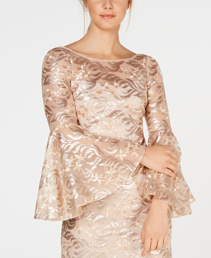 Calvin Klein Womens Sequined Bell Sleeve Bodycon Dress Black Size 2 (XS)