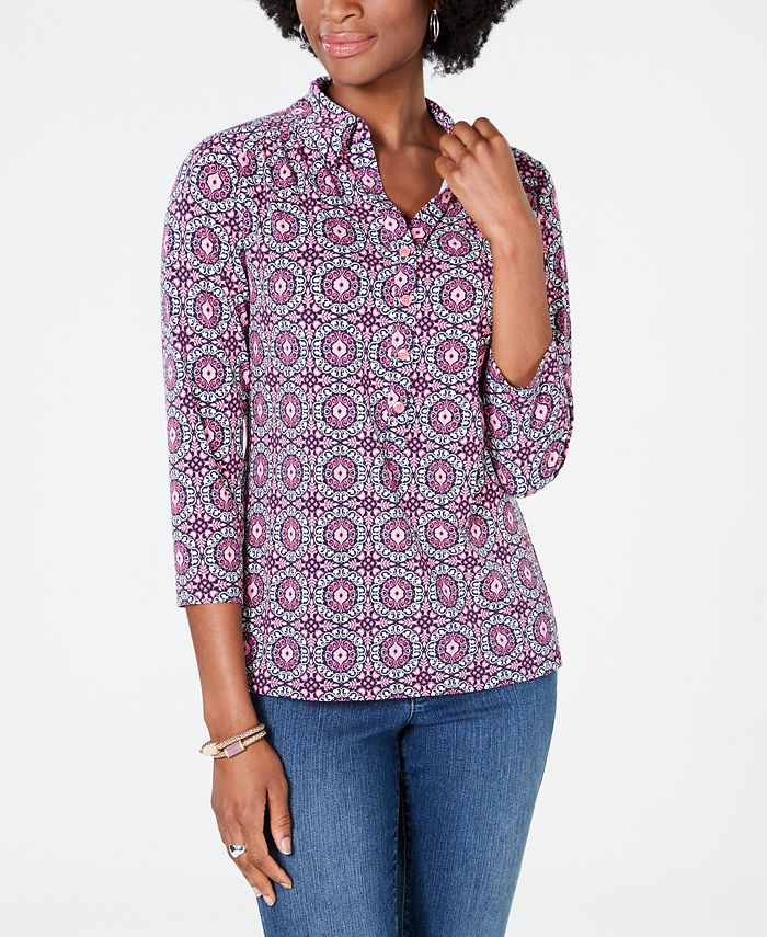 Charter Club Petite Printed Collared Top, Created for Macy's - Macy's