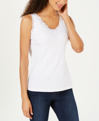 thumbnail image 2 of Karen Scott Cotton Lace-Trim Tank Top - Hip Length Casual Tank 2 of 10
