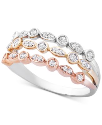 Diamond Tricolor Triple Band Ring (1/4 ct. t.w.) in 14k Gold, White & Rose  Gold, Created for Macy's