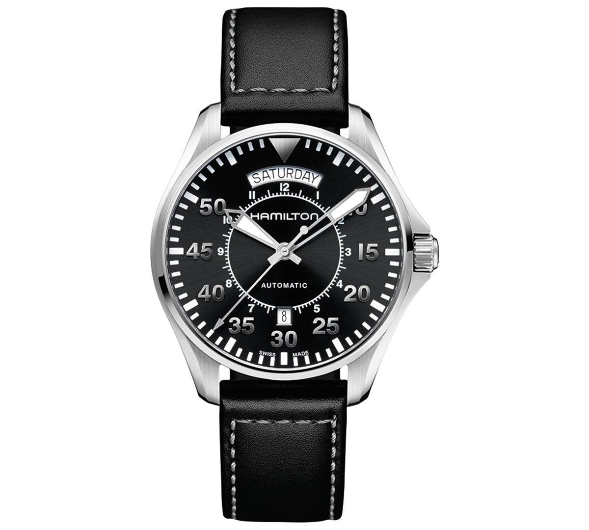Hamilton Men's Swiss Automatic Khaki Pilot Black Leather Strap Watch 42mm In No Color
