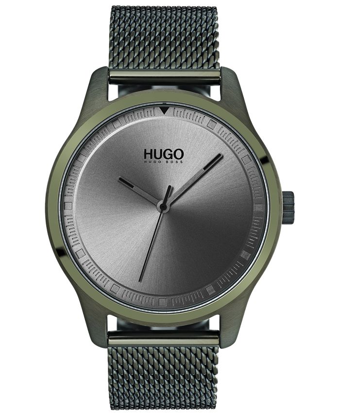 HUGO Men's #Move Olive Ion-Plated Stainless Steel Mesh Bracelet Watch ...