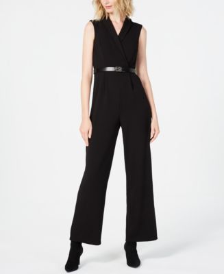 Calvin Klein Petite Belted Collared Jumpsuit - Macy's