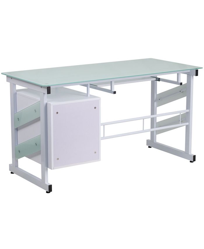 Flash Furniture White Computer Desk With Frosted Glass Top And Three