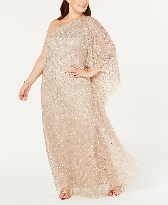 Adrianna Papell Plus Size One-Shoulder Sequin Evening Gown - Macy's
