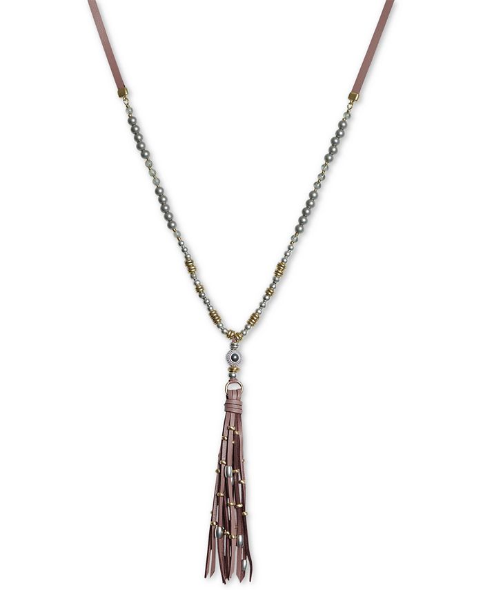 Lucky Brand TwoTone Bead & Leather Fringe Pendant Necklace, 25" + 2