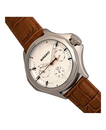 Breed - Tempe Leather-Band Watch w/Day/Date - Light Brown/Silver
