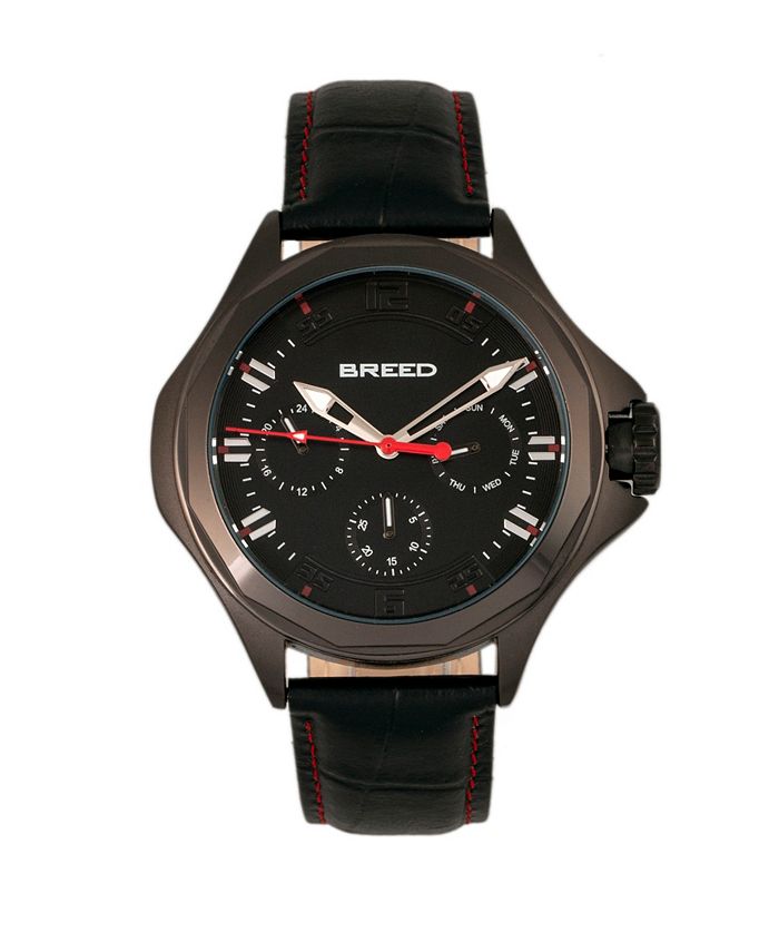 Breed - Tempe Leather-Band Watch w/Day/Date - Black