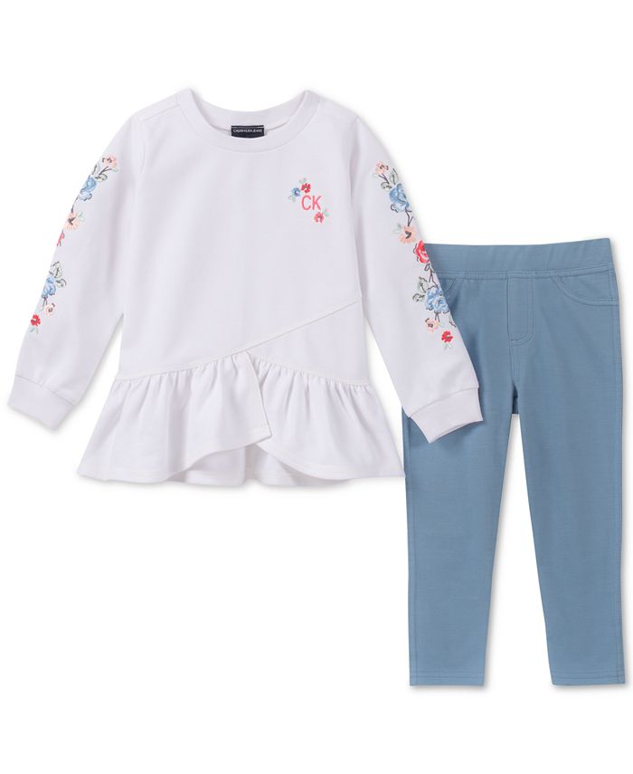 Calvin Klein Little Girls 2-Pc. Floral Embroidered Tunic & Leggings Set ...