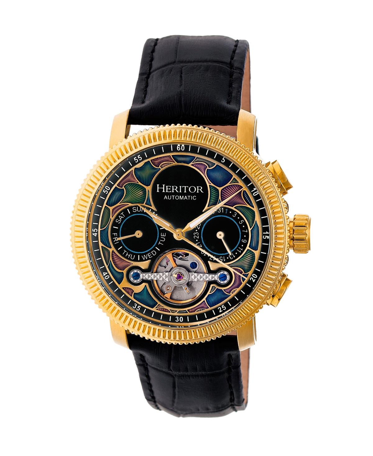 Automatic Aura Gold & Black Leather Watches 44mm - Black