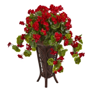 Nearly Natural Geranium Artificial Plant In Stand Planter In Red