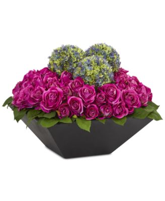 Nearly Natural - Roses & Ball Flowers Artificial Arrangement in Black Vase