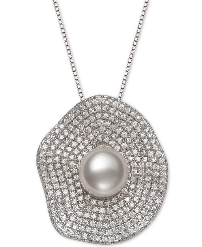 Belle de Mer - Cultured Freshwater Pearl (8mm) & Cubic Zirconia 18" Pendant Necklace in Sterling Silver