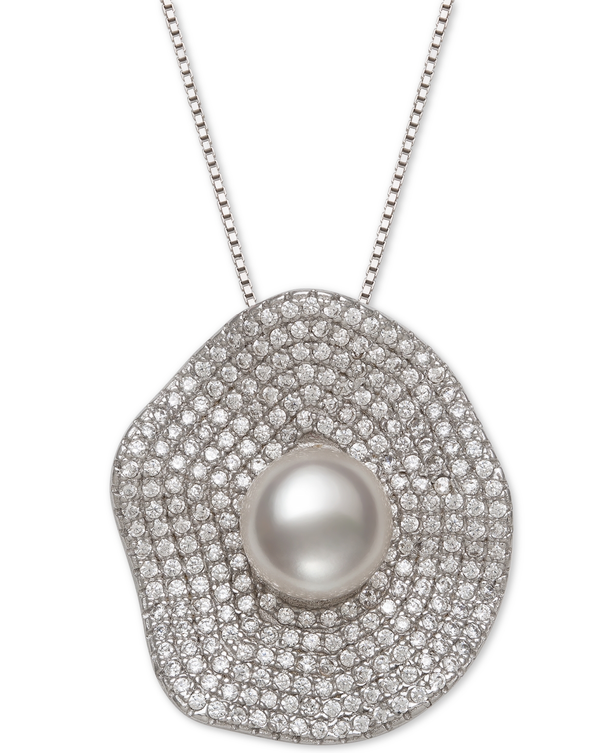 Cultured Freshwater Pearl (8mm) & Cubic Zirconia 18" Pendant Necklace in Sterling Silver - Silver