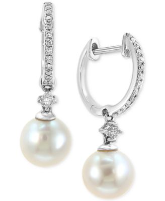 EFFY&reg; Cultured Freshwater Pearl (7mm) & Diamond (1/6 ct. t.w.) Hoop Drop Earrings in 14k White Gold