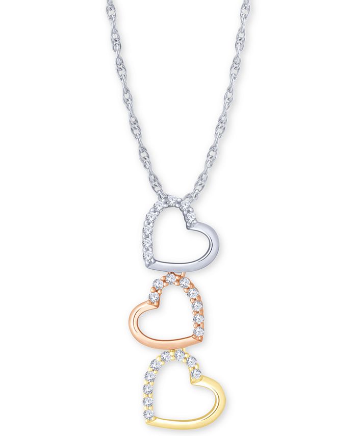 Macy's - Diamond Tricolor Triple Heart 18" Pendant Necklace (1/5 ct. t.w.) in 10k Gold, White Gold & Rose Gold