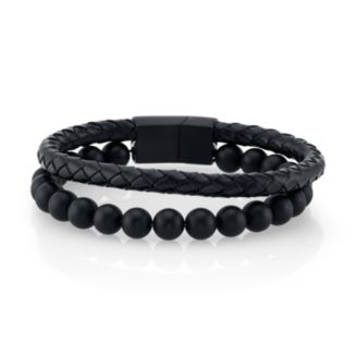 He Rocks Black Leather and Bead Double Bracelet with Stainless Steel ...