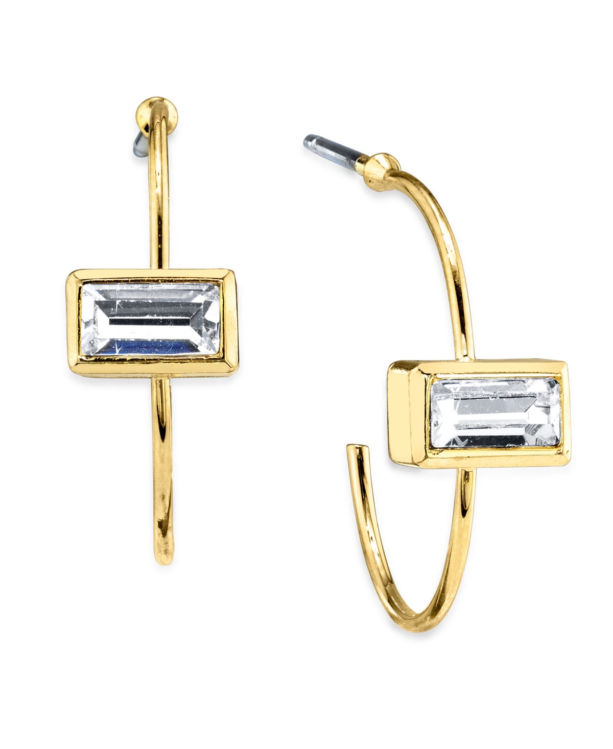2028 2032 14K GOLD DIPPED RECTANGLE CRYSTAL OPEN HOOP STAINLESS STEEL POST SMALL EARRINGS
