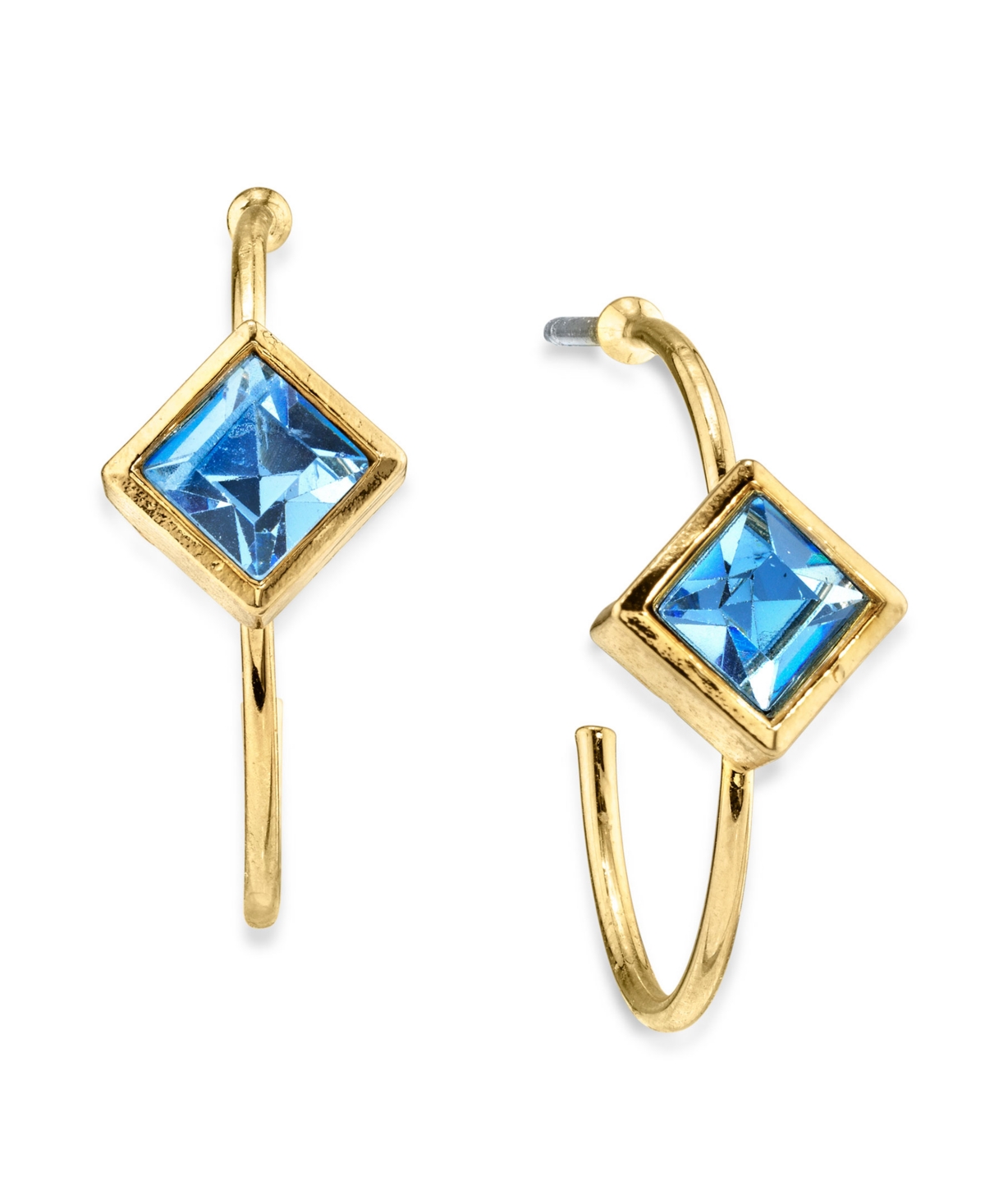 2028 14k Gold Dipped Diamond Shape Crystal Open Hoop Stainless Steel Post Small Earrings In Blue