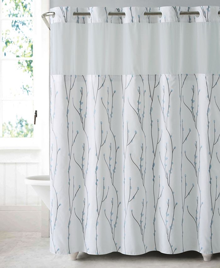 Hookless Shower Curtain Cherry Bloom White Blue, Hookless Shower Curtain Liner With Pockets