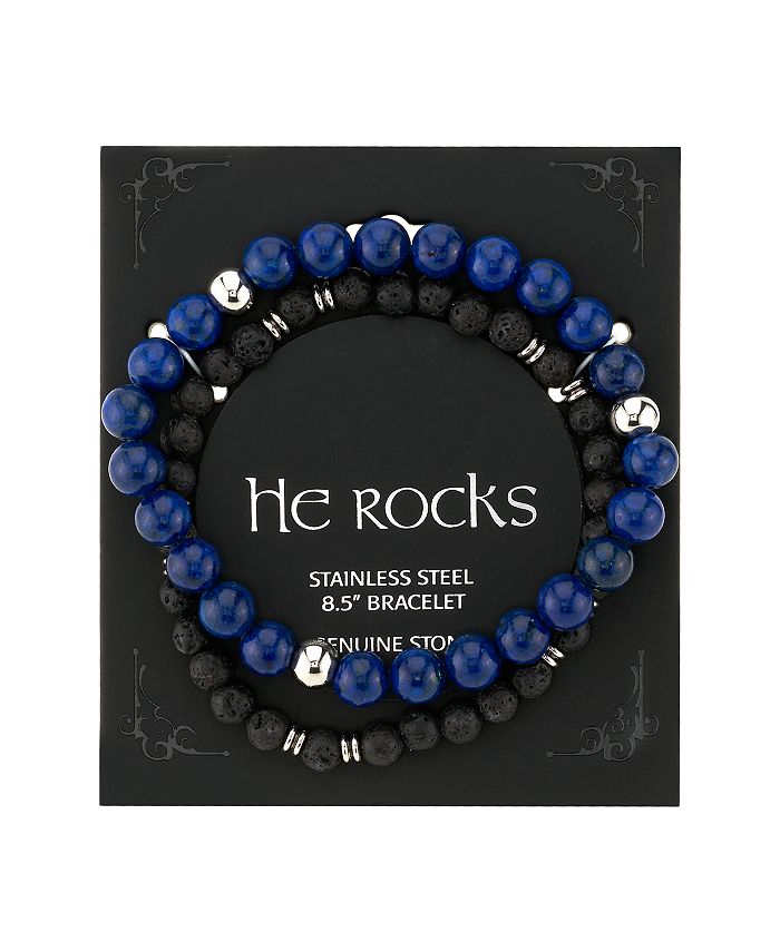 He Rocks Lapis Stone and Black Lava Bead Double Bracelet with Stainless ...