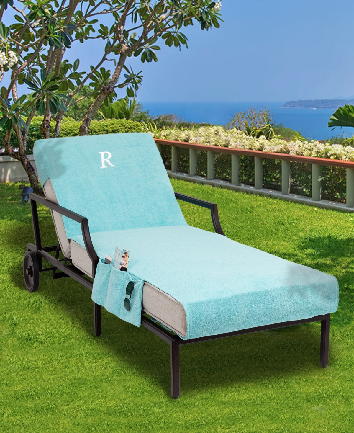 Linum Home Personalized Standard Size 100% Turkish Cotton Chaise Lounge Cover with Side Pockets - R