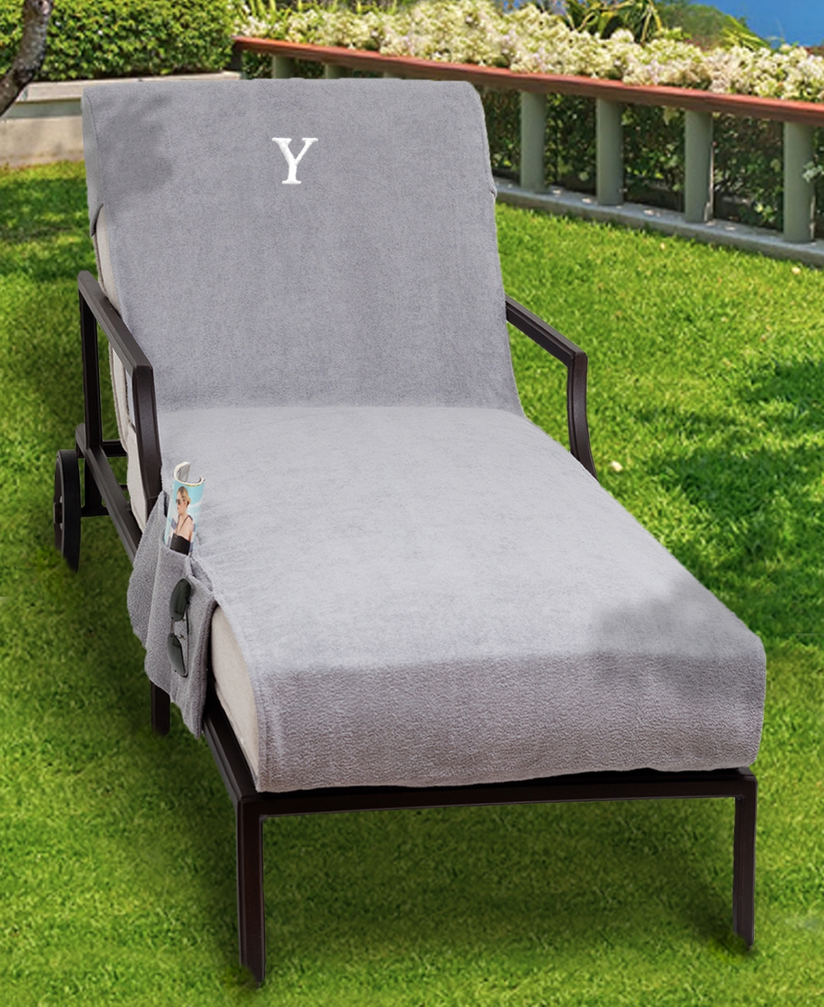 Linum Home Personalized Standard Size 100% Turkish Cotton Chaise Lounge Cover with Side Pockets - Y