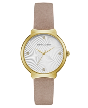 image of Bcbgmaxazria Ladies Beige Leather Strap Watch with White Wave Textured Dial, 32mm