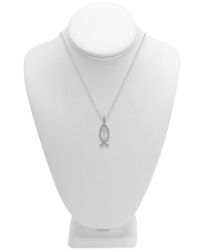 Macy's - Diamond Jesus Fish & Cross 18" Pendant Necklace (1/10 ct. t.w.) in Sterling Silver