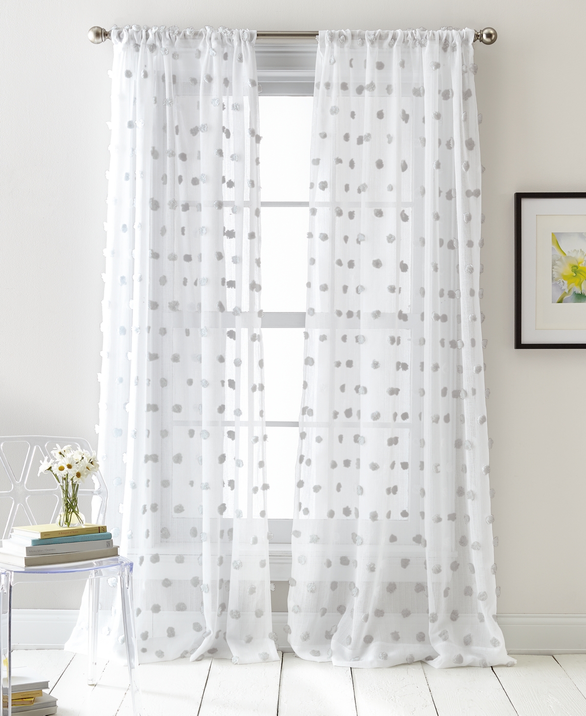 Dkny Ella Pompom Dot 50" x 96" Sheer Curtain Set
