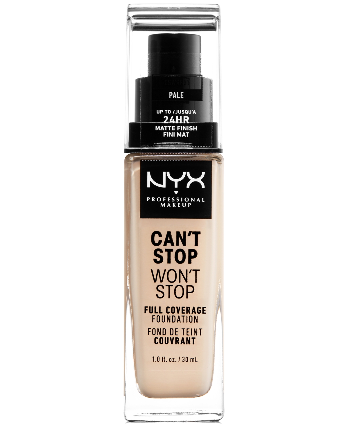 Nyx Professional Makeup Can't Stop Won't Stop Full Coverage Foundation, 1-oz. In Pale (white Ivory,yellow Undertone)