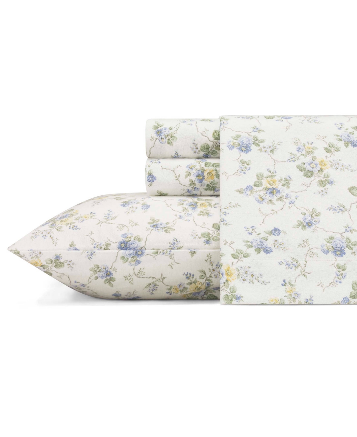 Laura Ashley Cotton Flannel 3 Piece Sheet Set, Twin In Le Fleur Blue