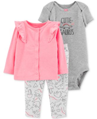 Carter's - Baby Girls 3-Pc. Dino-Print Cotton Bodysuit, Pants & Cardigan Set
