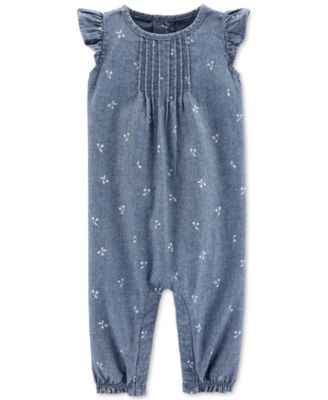 Carter's - Baby Girls Printed Chambray Cotton Coverall