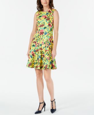 Calvin Klein Floral-Print Flared Dress - Macy's