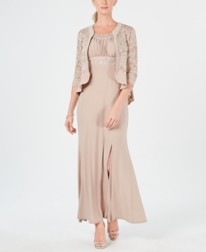 R & M Richards Sequined Lace Empire-waist Gown & Jacket In Champagne