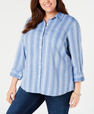 Karen Scott - Plus Size Printed Cotton Button-Front Shirt