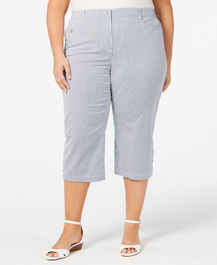 Karen Scott Plus Size Striped ButtonHem Capri Pants, Created for Macy