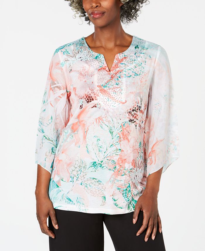 JM Collection Petite Embellished-Neck Blouse, Created for Macy's - Macy's